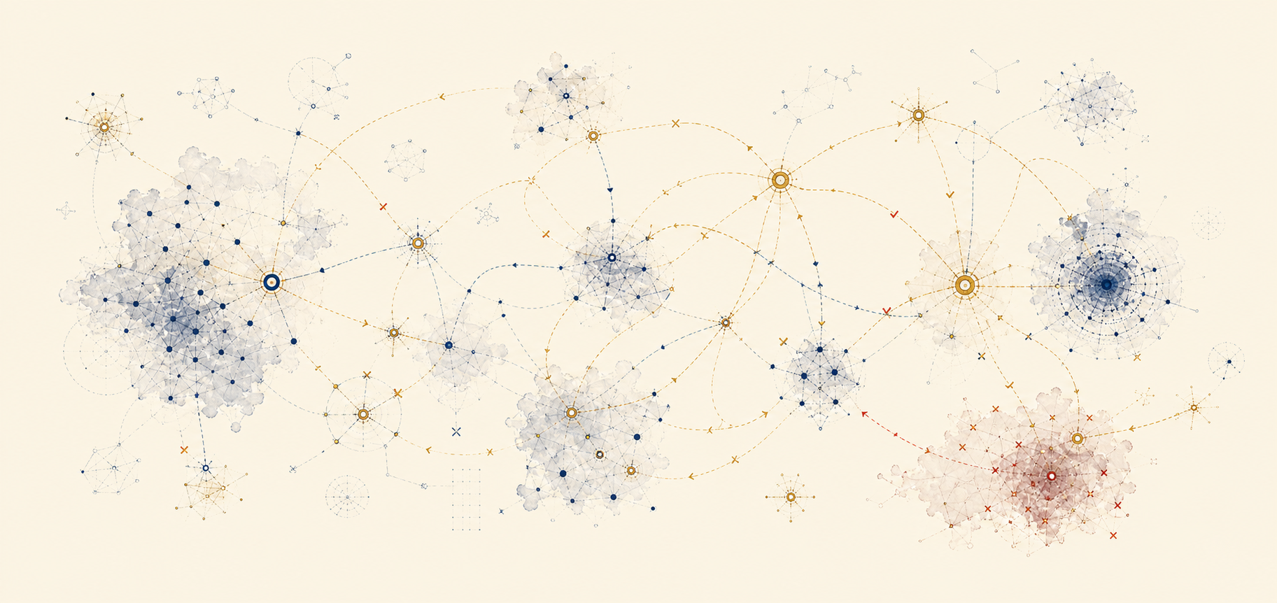 A watercolor field of navy and gold constellation nodes connected by dotted arcs across pale paper, with dense clusters and open regions suggesting a navigable scientific map.