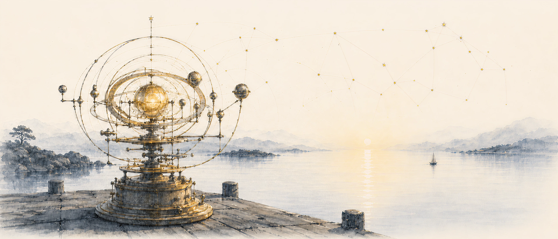 A watercolor of a brass-and-gold orrery turning quietly on a stone deck at the edge of a calm bay at dusk.