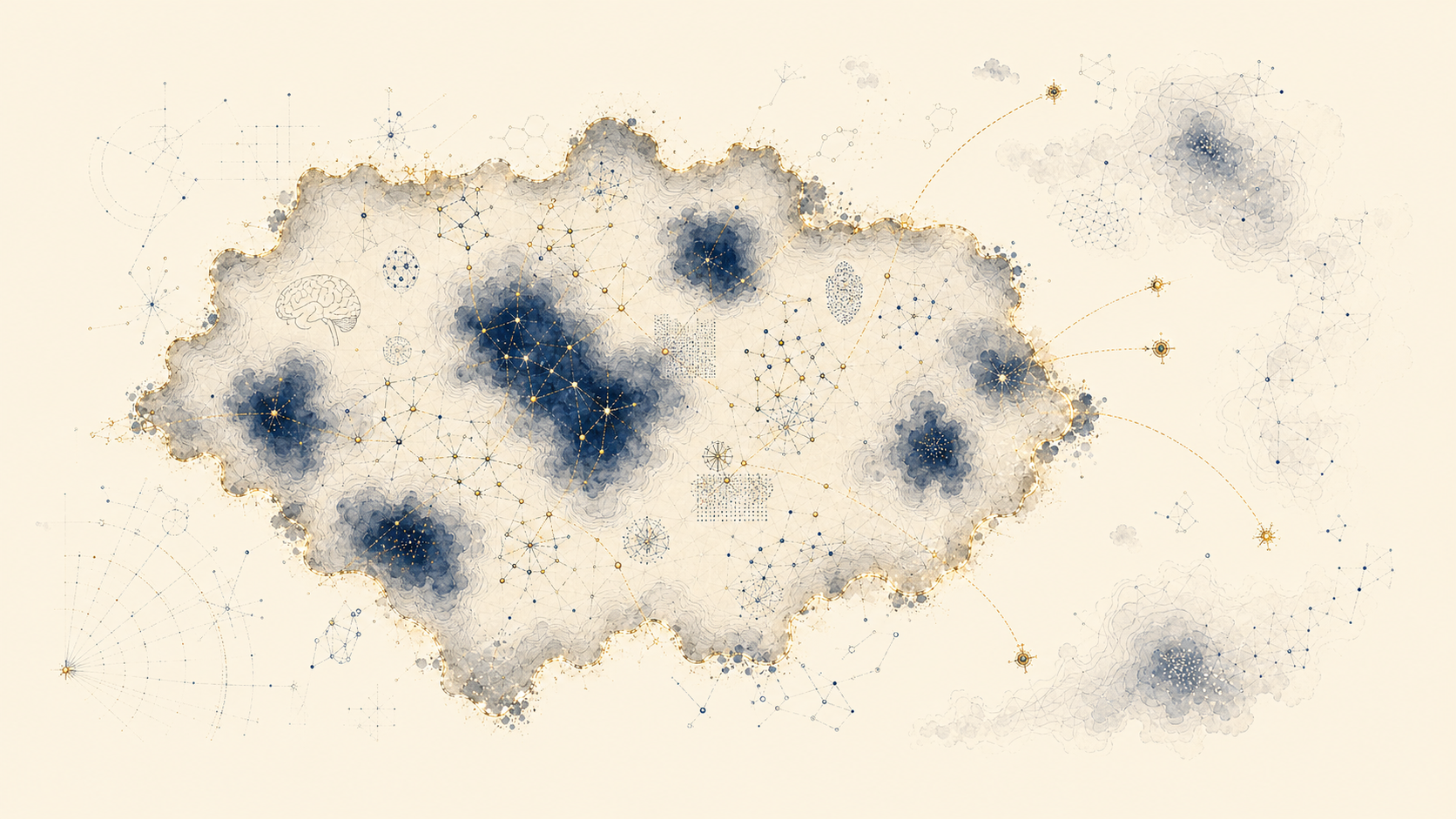 A warm paper atlas plate showing a jagged scientific frontier. Connected navy and gold nodes fill part of the known region, darker unconnected gaps remain inside it, and faint survey paths reach into the unknown beyond the boundary.