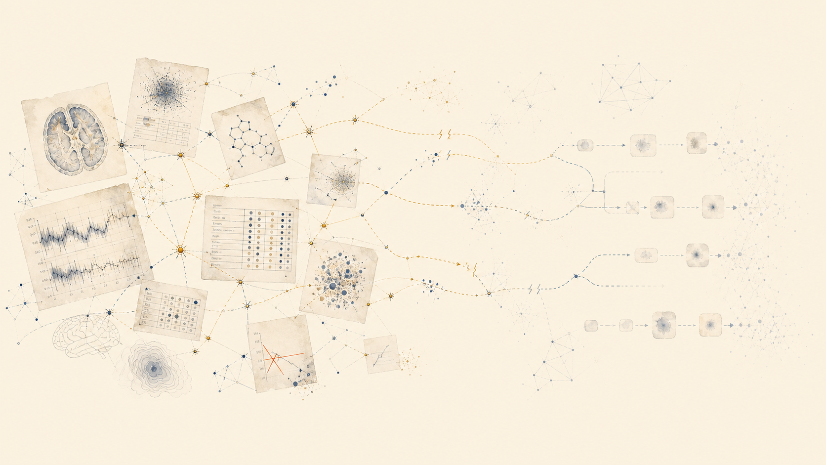 A quiet research desk at night with scattered scientific papers, margin notes, and faint gold lines that fail to fully connect across the pages.