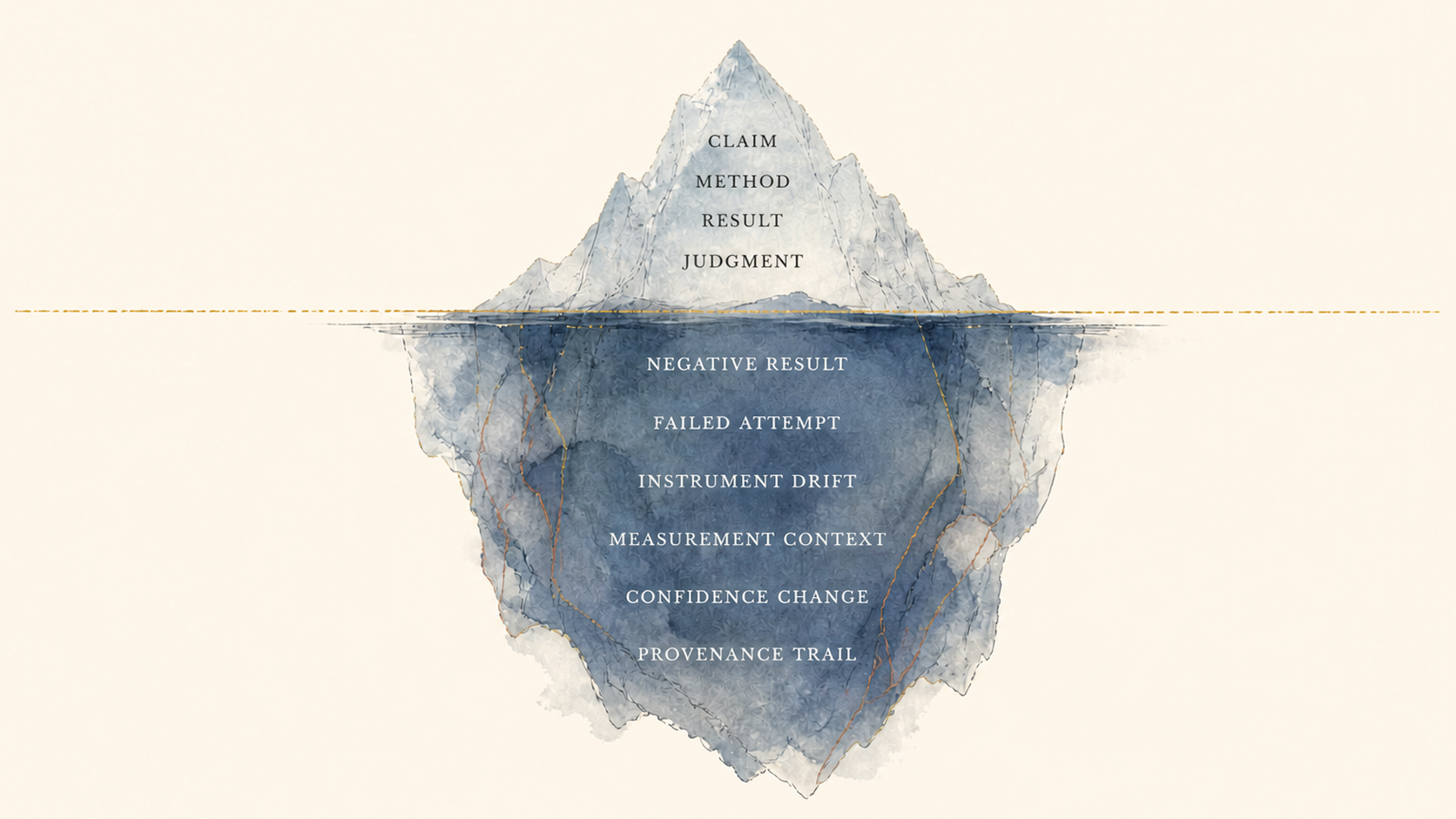 An iceberg diagram of scientific record: claim, method, result, and judgment above hidden failures, context, confidence change, and provenance.