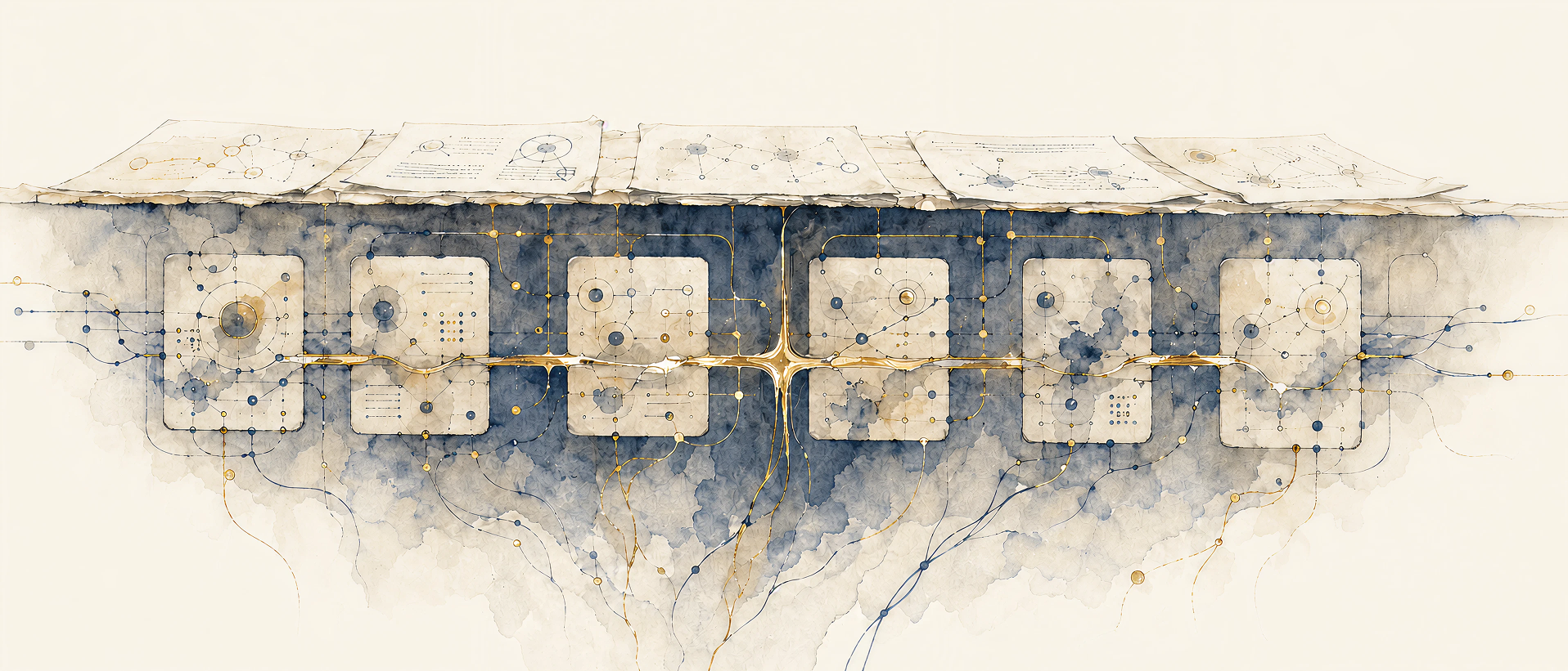A watercolor technical substrate of papers, nodes, and gold routes flowing through a shared scientific layer.